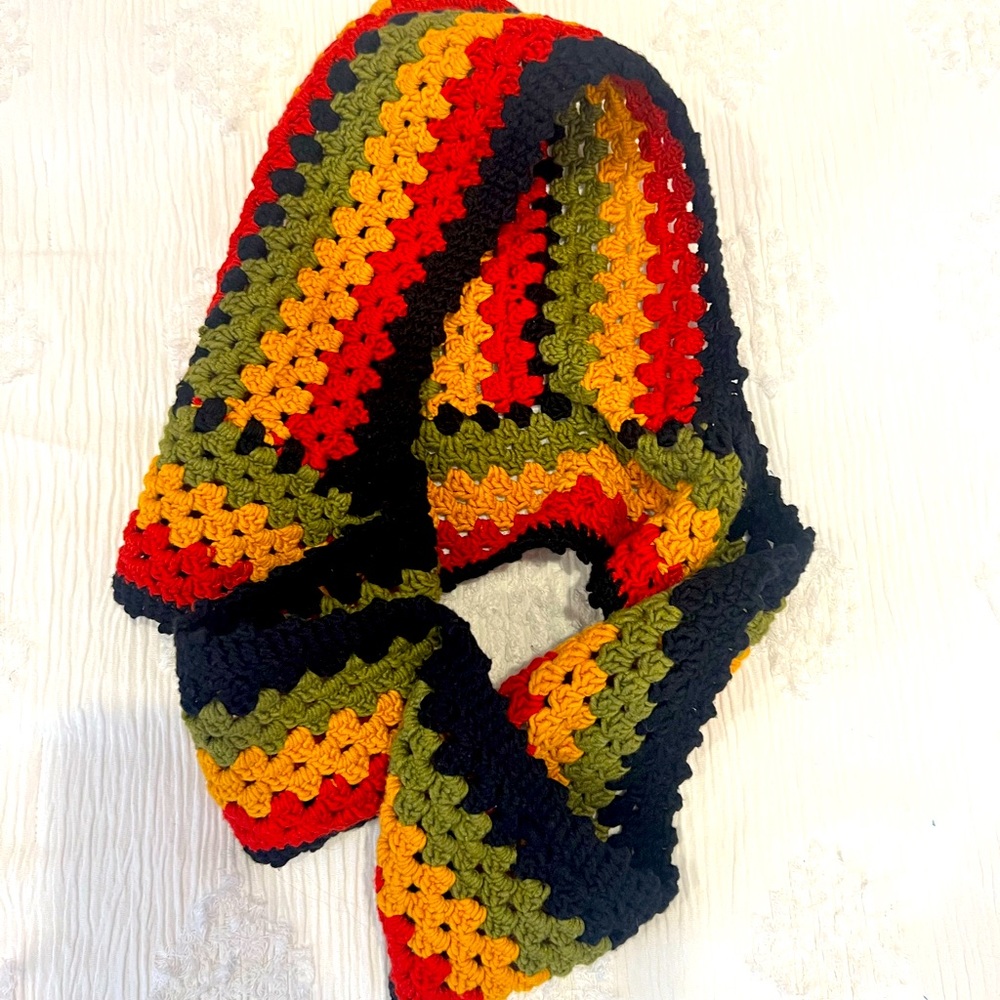 Happy HoodieScarf made in Asheville. Red, yellow, green and black. Unisex.